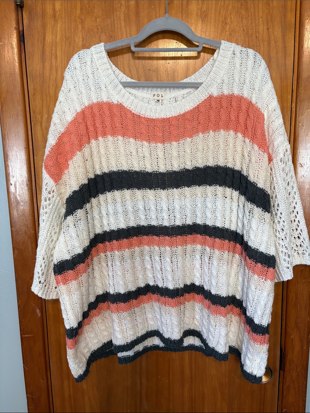 POL Oversized Open-Knit Sweater With Coral & Black Stripes - Size M